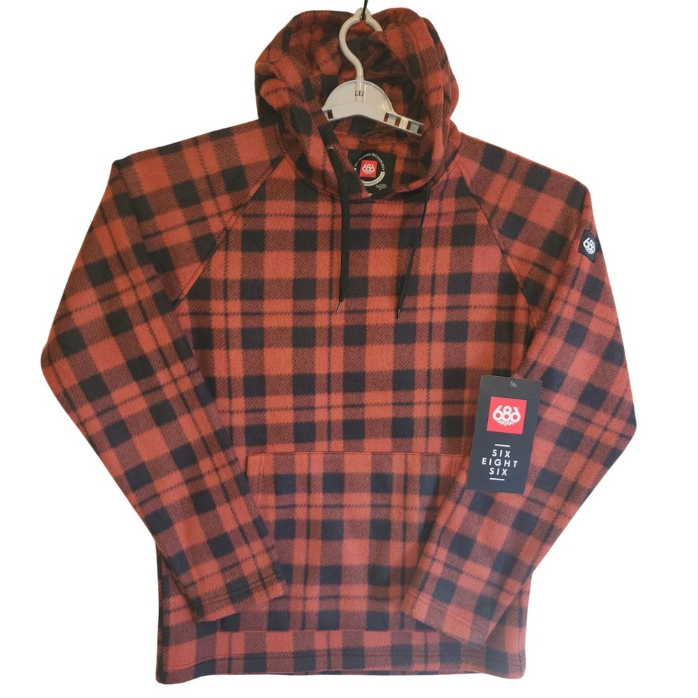 686 Bliztex Fleece Pullover Hoodie Mens Small Rust Red Black Plaid Snowboard